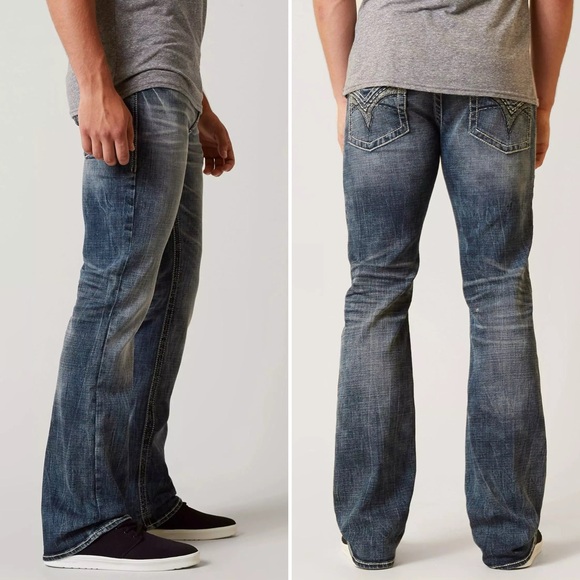 SALVAGE BUCKLE Men’s Havoc Slim Boot Stretch Jean Blue Mystery 26R Whiskering - Picture 2 of 16